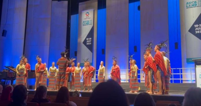 The Colegio de la Purisima Concepcion (CPC) Chorale is composed of 24 singers, six priests, a conductor, school dean, and cultural coordinator. Photo shows the winning performance of the CPC Chorale during the World Choir Games in Auckland, New Zealand on July 13. FCU PHOTO