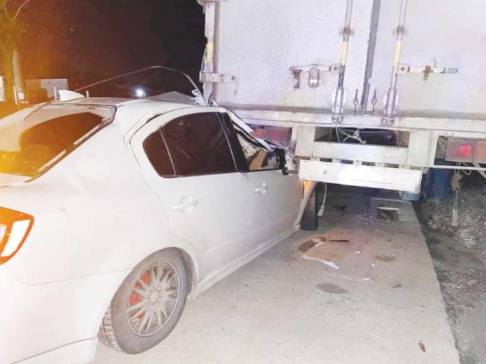 The front portion of this car sustained damage after it rammed a parked truck in Barangay Loboc, Lapuz, Iloilo City on Wednesday night, July 3. The driver meanwhile was unharmed. AKSYON RADYO ILOILO 720/FACEBOOK PHOTO