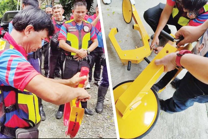 Personnel of the Iloilo City Traffic and Transportation Management Office undergo training and practical demonstration on how to attach and remove the wheel clamp. ILOILO CITY TRAFFIC MANAGEMENT UNIT/FACEBOOK PHOTOS