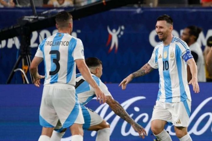 Argentina’s Lionel Messi celebrates with his teammates after clinching a finals seat in 2024 Copa America. PHOTO FROM FABRIZIO ROMANO’S FACEBOOK PAGE