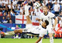 England’s Jude Bellingham converts a game-tying overhead kick against Slovakia. PHOTO FROM SKY NEWS