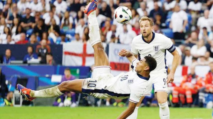 England’s Jude Bellingham converts a game-tying overhead kick against Slovakia. PHOTO FROM SKY NEWS