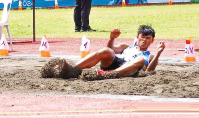 Ilonggo Sam Kenjie Bantillo captures the gold medal in the secondary boys long jump event of the 2024 Palarong Pambansa in Cebu City. Photo courtesy of 2024 Palarong Pambansa Cebu City Facebook Page