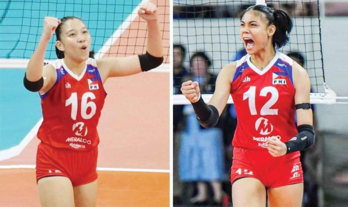Angel Canino (right) and Arah Panique are part of the 14-player roster of the Philippines in the FIVB Women’ Volleyball Challenger Cup. PHOTOS COURTESY OF VOLLEYBALL PILIPINAS