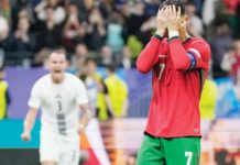 Portugal’s Cristiano Ronaldo covers his face in disappointment after missing a penalty kick during the extra-time of the knockout game against Slovenia. AP PHOTO