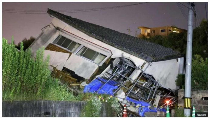 A house collapses in Osaki town, Kagoshima prefecture, southwestern Japan after an earthquake. REUTERS