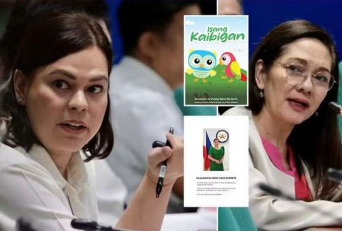 Questions regarding a storybook written by Vice President Sara Duterte lead to a verbal tussle between her and Sen. Risa Hontiveros during Tuesday’s budget hearing. Things got testy after Duterte refused to directly answer why P10 million must be spent to distribute “Isang Kaibigan (A Friend),” its cover and author’s page shown in the insets. SENATE SOCIAL MEDIA UNIT/CONTRIBUTED PHOTOS