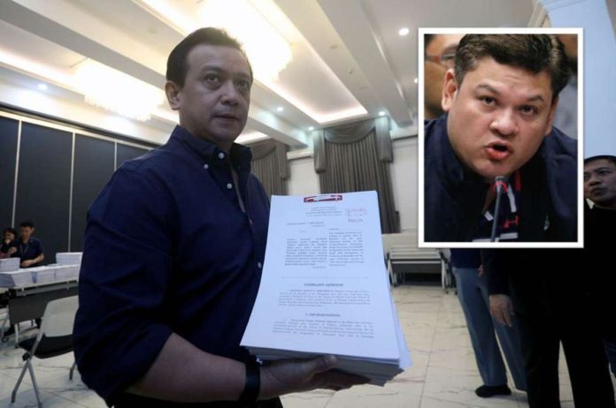 Former senator Antonio Trillanes IV files drug smuggling charges against Davao City 1st District’s Cong. Paolo Duterte (Inset) and several others over the alleged P6.4-billion shabu shipment seized in Valenzuela City in 2017, at the Department of Justice in Manila on July 31, 2024.