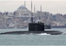 The Rostov-on-Don sets sail from Istanbul in this 2022 photo. This Russian submarine was previously seriously damaged in an attack last September. REUTERS
