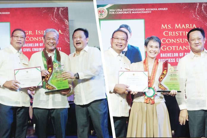 Alumni Regent and University of the Philippines Alumni Association (UPAA) President Robert Lester Aranton and UP President Angelo Jimenez present the awards to DMCI Holdings Chairman Isidro A. Consunji (left photo) and Semirara Mining and Power Corporation President, COO and CSO Maria Cristina C. Gotianun (right photo).