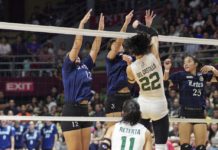 De La Salle University Lady Spikers’ Lilay del Castillo scores against three Colegio de San Juan de Letran Lady Knights defenders. PHOTO COURTESY OF MADAYAW SPORTS DAVAO