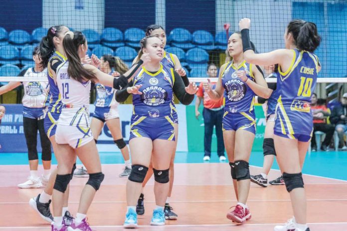 Members of Negros-ICC Blue Hawks rejoice after defeating Marikina Lady Shoemasters. MPVA PHOTO