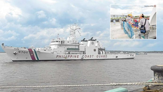 The BRP Teresa Magbanua docks at Puerto Princesa City, provincial capital of Palawan, after five months of patrolling Escoda (Sabina) Shoal, with some of its dehydrated crew members given medical attention upon the vessel’s return. Philippine Daily Inquirer, Frances Mangosing and Philippine Coast Guard