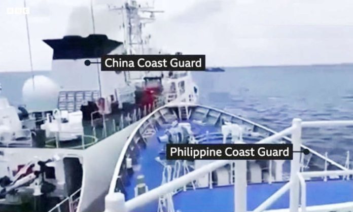 Coastguard ships of the Philippines and China collide in the South China Sea on Saturday, August 31, in this grab from a video from the Philippine Coast Guard.