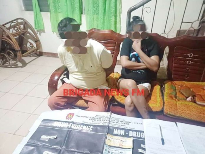 Two drug suspects identified as aliases “Bongbong” and “Novie” were apprehended in a buy-bust operation in Barangay Bailan, Pontevedra, Capiz on Sept. 20, 2024. Police seized three plastic sachets of suspected shabu worth around P13,600. 95.7 BRIGADA ROXAS CAPIZ PHOTO