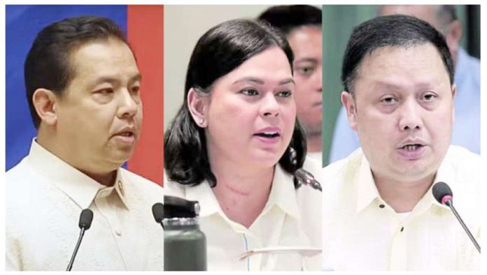 Vice President Sara Duterte-Carpio (center) said in a video message that the government budget is merely controlled by House Speaker Martin Romualdez (left) and appropriations committee chairperson Cong. Elizaldy Co.