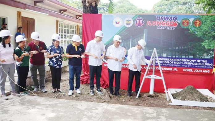 Uswag Ilonggo Party-list’s Cong. James “Jojo” Ang (third from left) together with Gov. Arthur Defensor Jr. (second from left), Department of Public Works and Highways – Region 6 assistant regional director Jose Al Fruto, University of the Philippines Visayas (UPV) Chancellor Dr. Clement Camposano, retired associate justice Francis Jardeleza, UPV Vice Chancellor Rhodella Ibabao, UP Alumni president Consuelo Geduspan, and representatives of the contractor break ground for a P20.5-million multipurpose sports building on Monday, September 9, at the UPV Iloilo City Campus.