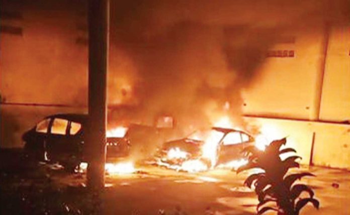 Fire engulfed three vehicles parked at the garage of the residence of Mayor Ernesto “Toto” Tajanlangit III in Barangay Pacencia,Tobia Fornier, Antique early Sunday morning, Sept. 22, 2024. SCREENSHOT FROM MAYOR TOTO ERNESTO TAJANLANGIT III/FACEBOOK VIDEO