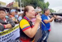 Kabakod-Knetco president Lilian Sembrano (left) and BACOD-Manibela president Rudy Catedral lead the protest without a permit outside a hotel on Lacson Street, Bacolod City on Wednesday, Sept. 18, 2024. CONTRIBUTED PHOTO/PNA