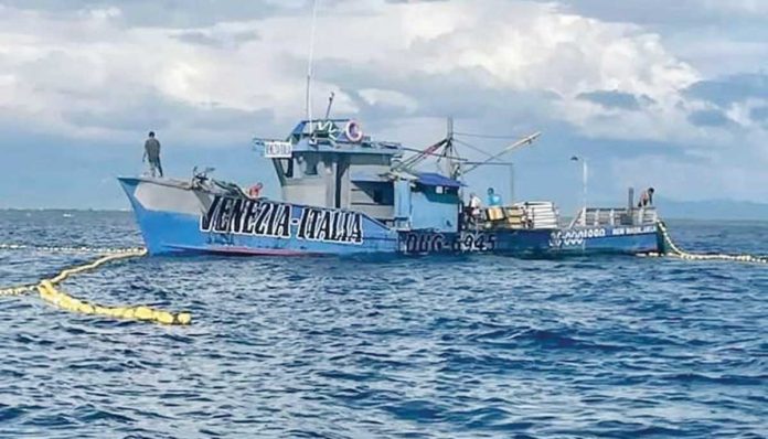 Joint operatives of the Aklan Maritime Police Station and New Washington Police Station arrested nine crew of F/B Venezia Italia for alleged illegal fishing in the waters off Barangay Tambak, New Washington, Aklan. Authorities also seized their fishing vessel and gears. AKLAN MARPSTA PHOTO