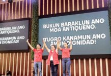 Gov. Rhodora Cadiao (center), Local Government Undersecretary Jonathan Tan (left), and former Caluya mayor Genevive Lim-Reyes (right) launch the Cadiao-Tan-Reyes tandem, under the slogan “Patok Tumandok, on Friday, September 6. K5 NEWS FM SAN JOSE PHOTO