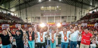 Iloilo City Lone District’s Congresswoman Julienne “Jam-Jam” Baronda (5th from left) led the GUGMA FMR Scholarship General Assembly at the University of San Agustin gymnasium in Iloilo City on Sunday, Sept. 29, 2024. Also present were (from left) former Public Safety and Transportation Management Office head James Conlu, former city councilor Sheen Marie Mabilog, Cong. Edvic Yap, former Iloilo City mayor Jed Patrick Mabilog, ACT-CIS Party-list’s Cong. Erwin Tulfo, Pastor Stanley “Big Bro” Flores, and City Councilor Urminico “Doc Nick” Baronda Jr.