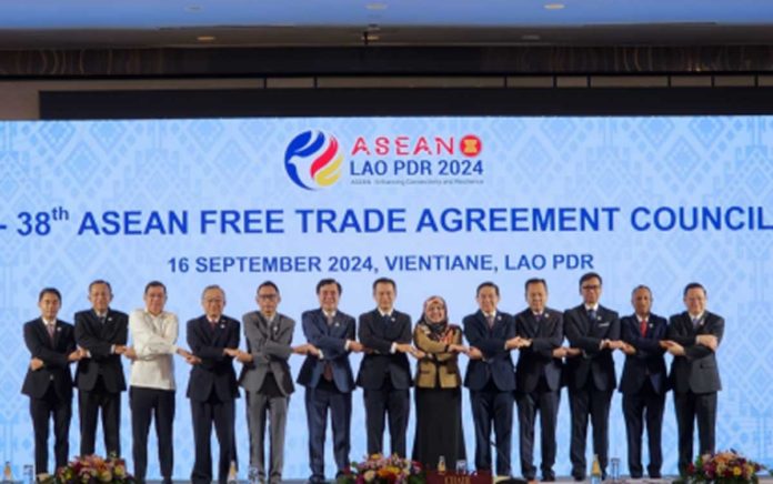 Department of Trade and Industry (DTI) Undersecretary Ceferino Rodolfo (3rd from left) attends the opening of the 56th ASEAN Economic Ministers (AEM) Meeting and Related Meetings, together with the ASEAN Free Trade Area Council Ministers in Vientiane, Laos, on Sept. 16, 2024. Rodolfo pushed for the retention of special considerations for rice and sugar in the ATIGA review. PHOTO COURTESY OF DTI