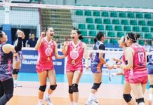 May Ann Nuique (20) and the Biñan Tatak Gel 1-Pacman Partylist Volley Angels rejoice after their straight set win over Valenzuela Classy. MPVA Photo. MPVA PHOTO