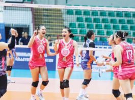 May Ann Nuique (20) and the Biñan Tatak Gel 1-Pacman Partylist Volley Angels rejoice after their straight set win over Valenzuela Classy. MPVA Photo. MPVA PHOTO