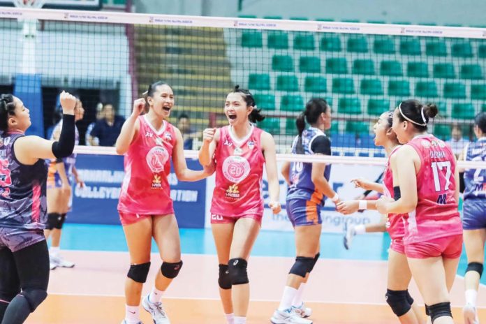 May Ann Nuique (20) and the Biñan Tatak Gel 1-Pacman Partylist Volley Angels rejoice after their straight set win over Valenzuela Classy. MPVA Photo. MPVA PHOTO