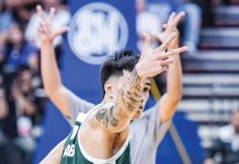 De La Salle University Green Archers’ Kevin Quiambao gestures after knocking down a three-pointer. UAAP PHOTO