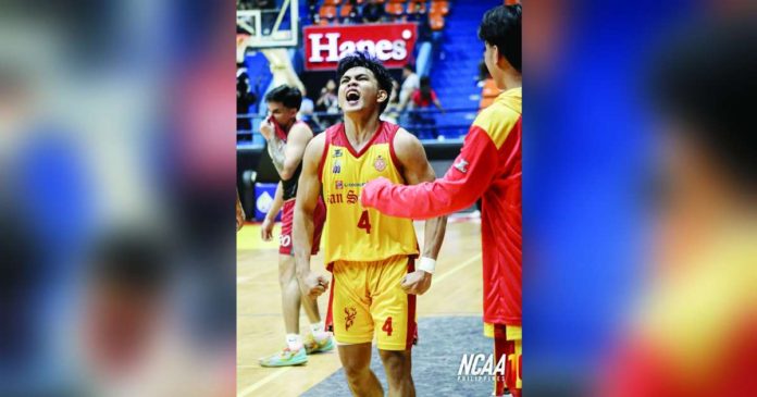 San Sebastian College Golden Stags’ Rafael Are reacts after their come-from-behind win over Lyceum Pirates. PHOTO COURTESY OF NCAA/GMA SPORTS