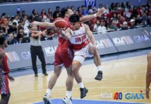 Ilonggo John Bryan Sajonia of San Beda University Red Lions goes for a tough basket against a Lyceum of the Philippines Pirates defender. PHOTO COURTESY OF NCAA/GMA SPORTS