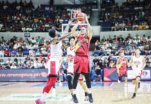 San Miguel Beermen’s Marcio Lassiter shoots over the defense of Barangay Ginebra San Miguel Kings’ Maverick Ahanmisi. PBA PHOTO