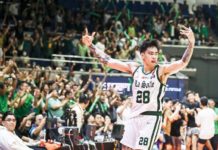 De La Salle University Green Archers’ Kevin Quiambao gestures to the crowd after converting a go-ahead three-pointer. UAAP PHOTO