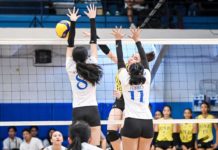 Negrense Kimberly Rubin of University of Santo Tomas Junior Golden Tigresses smashes the ball against two Ateneo de Manila University Blue Eaglets defenders. UAAP PHOTO