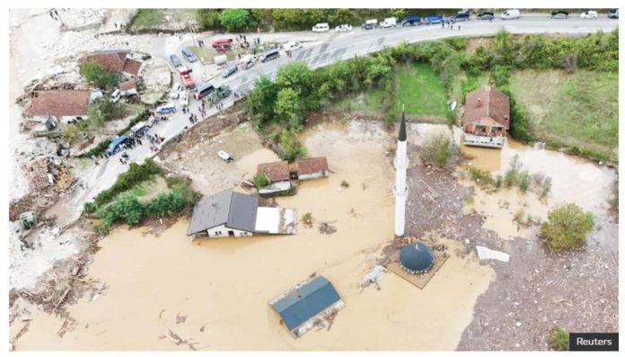 A drone view shows a flooded residential area and mosque in Donja Jablanica, Bosnia and Herzegovina. REUTERS