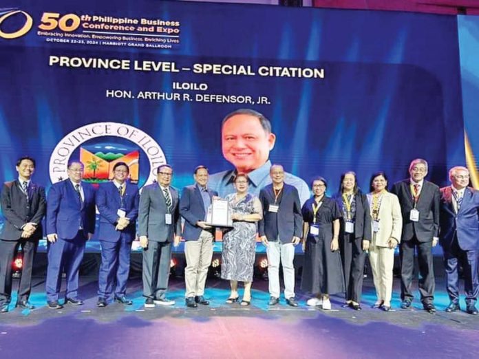 Gov. Arthur Defensor Jr. accepts Iloilo Province’s award as second Most Business-Friendly Province in the country during the 50th Philippine Business Conference and Expo (PBC&E) and the 2024 Most Business-Friendly Awards ceremony, held at the Marriott Grand Ballroom in Pasay City on October 22. CAPITOL PHOTO