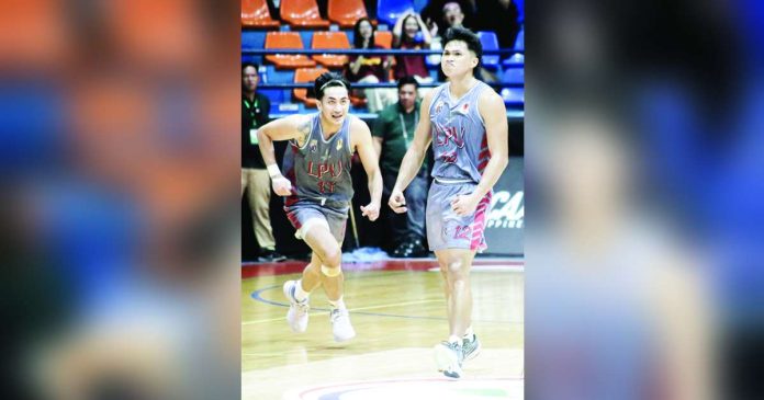 Lyceum of the Philippines Pirates’ John Moralejo (12) reacts after converting a go-ahead three-pointer against University of Perpetual Help Altas. PHOTO COURTESY OF NCAA/GMA SPORTS