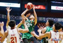 College of St. Benilde Blazers’ Justine Sanchez attempts a shot from close range. PHOTO COURTESY OF NCAA/GMA SPORTS