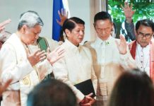 Various religious leaders pray with President Ferdinand “Bongbong” Marcos Jr. during the 49th Philippine National Prayer Breakfast on Monday. “Our collective faith and prayer to the Almighty is the most powerful tool that we have to weather these storms and the destruction that they bring,” says the President. PCO