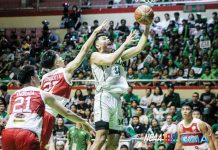 College of St. Benilde Blazers’ Allen Liwag soars for a layup. NCAA/GMA SPORTS