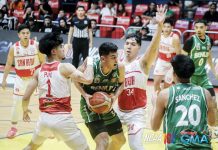 College of St. Benilde Blazers’ Allen Liwag protects the ball from the defense of San Beda University Red Lions’ Jomel Puno and John Bismarck Lina. Photo courtesy of NCAA/GMA Sports