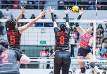 Creamline Cool Smashers’ Alyssa Valdez tries to score against the defense of Ilongga Aiza Maizo-Pontillas of Petro Gazz Angels. PVL PHOTO