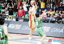 Mapua University Cardinals’ Clint Escamis pulls up for a game-winning three-pointer from way beyond the arc. PHOTO COURTESY OF NCAA/GMA SPORTS