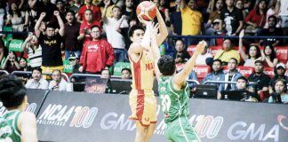 Mapua University Cardinals’ Clint Escamis pulls up for a game-winning three-pointer from way beyond the arc. PHOTO COURTESY OF NCAA/GMA SPORTS