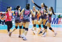 Members of Biñan Tatak Gel 1-Pacman Partylist Volley Angels celebrate their straight set win over San Juan-Go for Gold Lady Knights. MPVA PHOTO