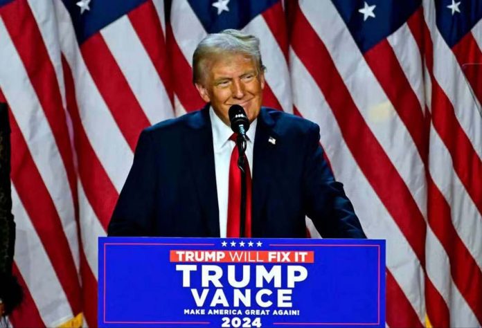 Donald Trump addresses his supporters at West Palm Beach Convention Center in Florida, as he claims victory in the 2024 United States presidential election. AGENCE FRANCE-PRESSE PHOTO