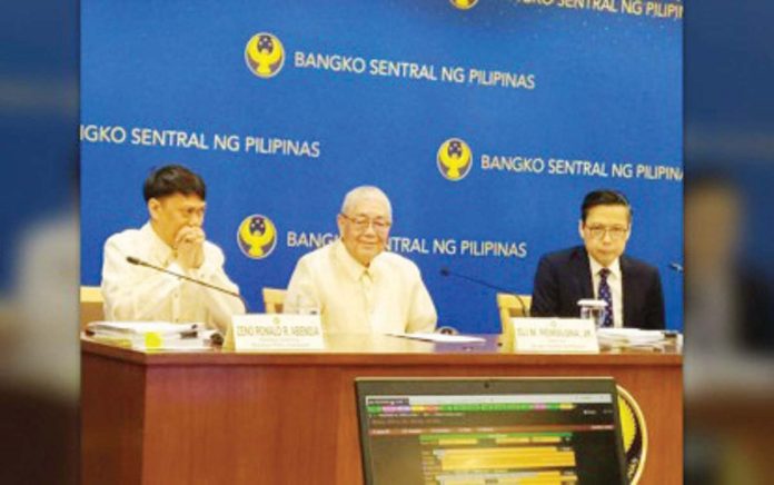 (From left) Bangko Sentral ng Pilipinas (BSP) Assistant Governor of the Monetary Policy Sub-sector Zeno Abenoja, BSP Governor Eli Remolona Jr., and BSP Department of Economic Research officer-in-charge Dennis Lapid led the Monetary Policy briefing held at the BSP office in Manila on Thursday, Dec. 19, 2024. The Monetary Board of the BSP further reduced policy rates by another 25 basis points. PNA PHOTO BY ANNA LEAH GONZALES