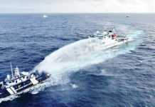 Using water cannon, a Chinese ship harasses a Philippine vessel conducting a routine maritime patrol within Bajo de Masinloc in the West Philippine Sea on Wednesday morning. PHOTO COURTESY OF PCG, NTF-WPS